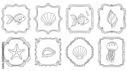 Collection of hand-drawn marine life icons featuring a goldfish, various seashells, a starfish, and a jellyfish, all set within decorative vintage frames.