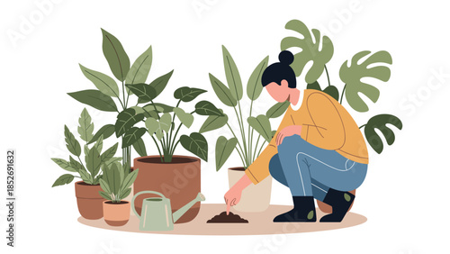 A woman kneeling to plant a small seed in the soil, surrounded by a variety of lush green potted houseplants. This illustration represents the hobby of gardening and nurturing new life.