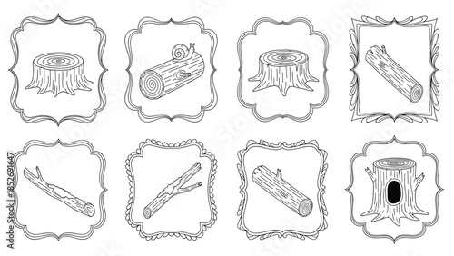 Hand-drawn collection of various wooden elements from the forest, including tree stumps, logs, and branches, all inside unique decorative vintage frames.