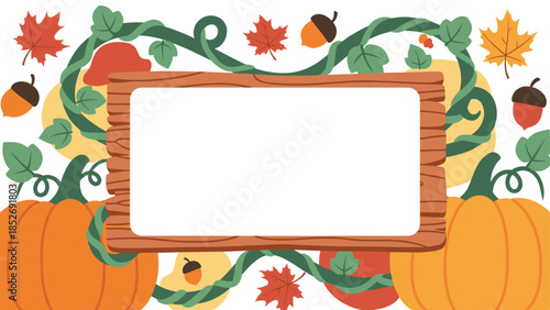 A charming autumn background with a rustic wooden frame for copy space, surrounded by pumpkins, acorns, and fall leaves. This festive design is perfect for Thanksgiving or harvest festival themes.