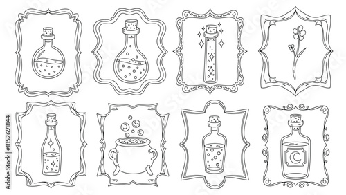 Magical collection of hand-drawn potion bottles, a bubbling cauldron, and an herb, all presented in various ornate and vintage-style doodle frames.