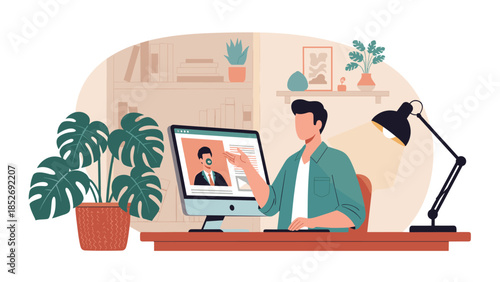 A man has a video call or online meeting on his computer, working from a modern and comfortable home office with a large houseplant.