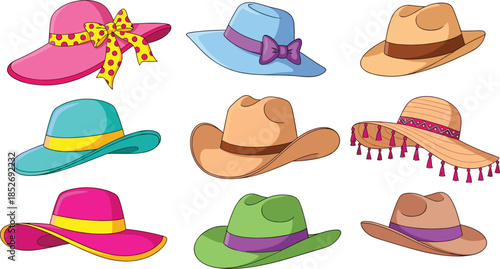 Colorful cartoon hat collection featuring summer fashion headwear styles isolated on white background for playful vector illustration designs