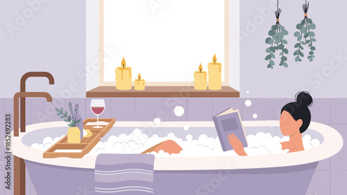 A woman relaxes in a bubble bath, reading a book and enjoying a glass of wine, creating a perfect scene of evening self-care and leisure.