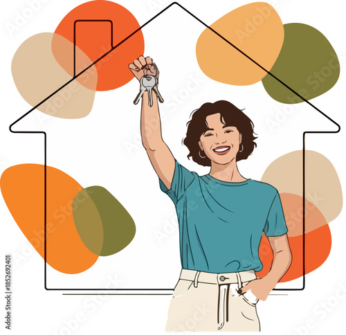 Happy young woman celebrating home ownership success holding up house keys in front of abstract design