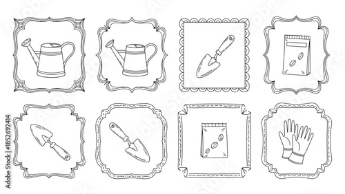 Hand-drawn icon collection of essential gardening tools featuring a watering can, a trowel, a seed packet, and gardening gloves in decorative frames.