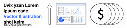Arrow pointing upward, pie chart, bar graphs, and financial coins symbolize growth, analytics, and profitability. Ideal for business, finance, strategy economy investment presentation simple