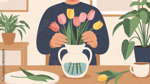 A person arranging a beautiful bouquet of fresh pink and yellow tulips in a glass vase at a wooden table. This illustration captures a cozy and creative moment of floral arrangement.