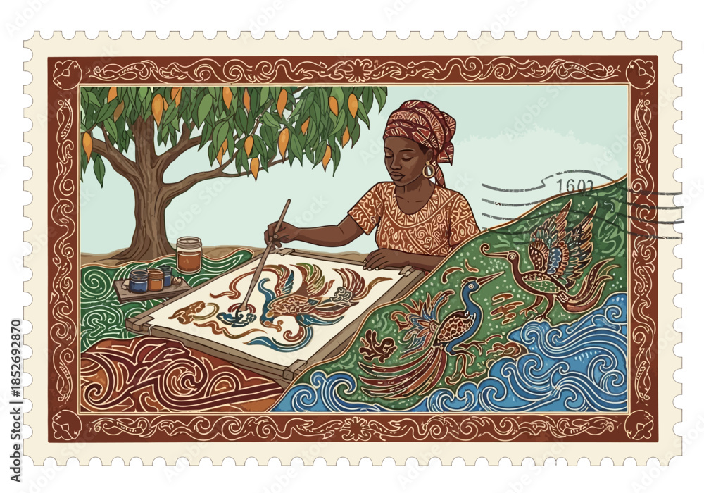 Obraz premium Woman painting elaborate textile pattern outdoors under a mango tree
