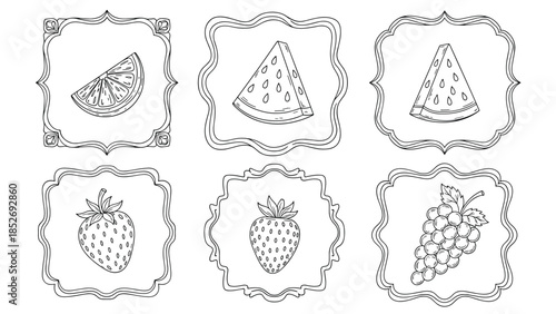 Set of hand-drawn fresh fruit illustrations, including an orange slice, watermelon, strawberries, and grapes, each inside a simple decorative frame.