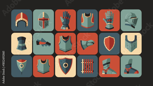 A collection of medieval knight armor icons in a retro color palette, featuring helmets, gauntlets, shields, and breastplates.