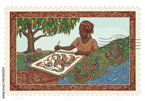 Woman painting elaborate textile pattern outdoors under a mango tree