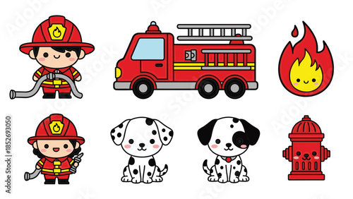 Adorable kawaii firefighter collection, featuring a cute firefighter character, a fire truck, a flame, dalmatian dogs, and a happy fire hydrant.