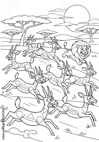 A flock of antelopes is running away from a lion. coloring book