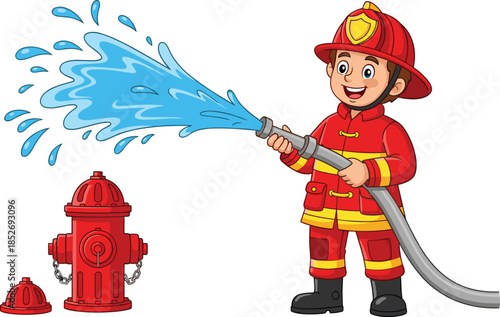 Cute firefighter cartoon character spraying water from hose with fire hydrant vector illustration isolated on white background for safety education