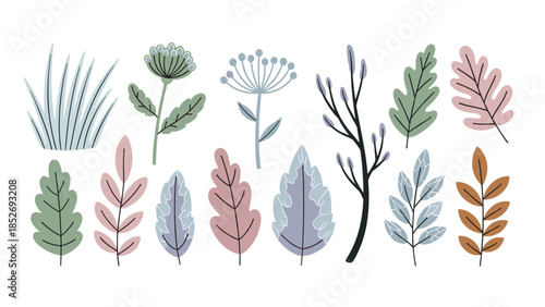 A charming assortment of various stylized leaves and simple wildflowers rendered in a cool, muted color palette. This lovely collection is perfect for elegant, modern design work.