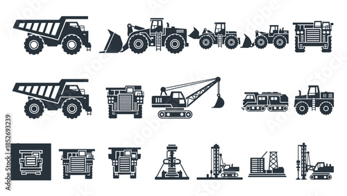 A collection of black icons for heavy-duty mining and quarrying machinery, including large dump trucks, loaders, and drilling rigs.