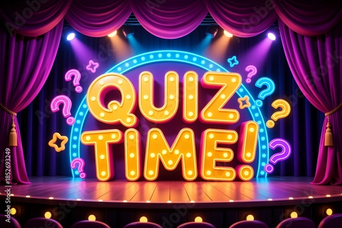 Vibrant illuminated quiz show stage with marquee lights and colorful curtains