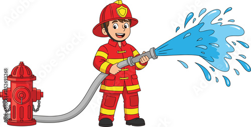 Cute firefighter cartoon character using water hose with fire hydrant vector illustration isolated on white background for safety education