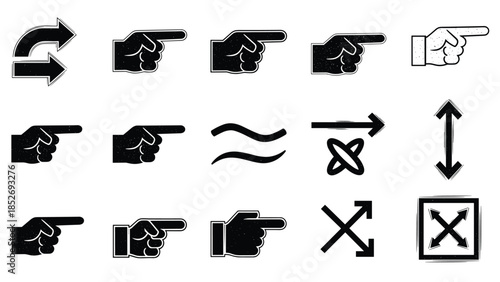 A set of black grunge-style icons with a distressed texture, featuring pointing hands, arrows, and other abstract symbols.