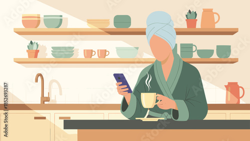 A woman in a bathrobe and towel enjoys her morning coffee while scrolling on her smartphone in a modern and tidy kitchen setting.
