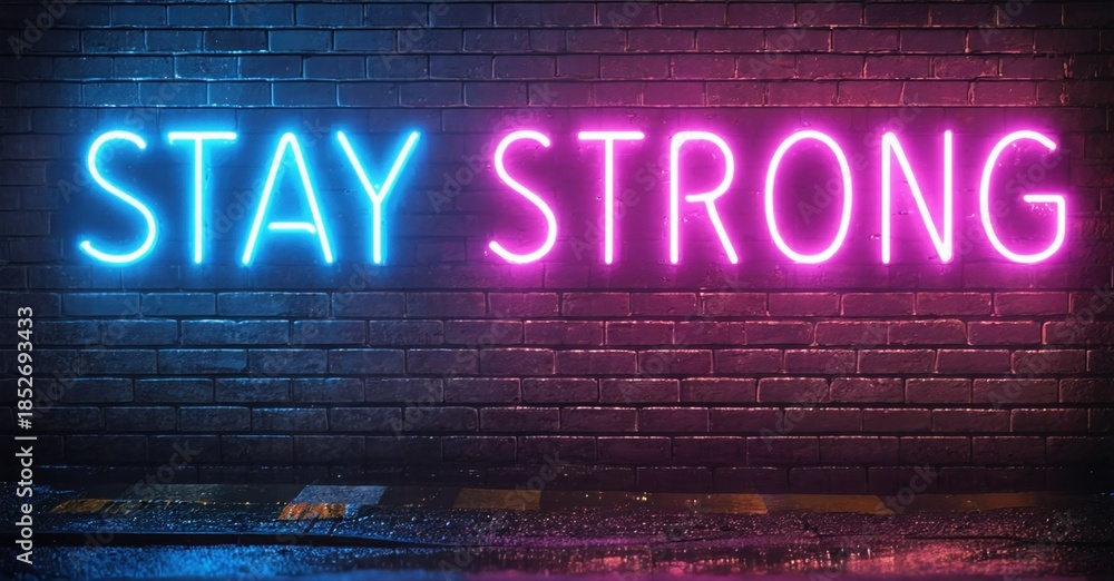 Fototapeta premium Neon sign displays Stay Strong against brick wall. Dark background emphasizes vibrant blue, purple hues. Inspiring message.