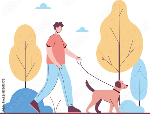 Man Walking Dog in Autumn Park Flat Vector Illustration