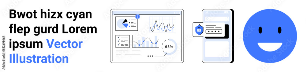 Fototapeta premium Data analysis, cybersecurity, authentication, technology, mobile apps, user security. Includes analytics dashboard, mobile device and happy face. Concepts of data analysis and cybersecurity