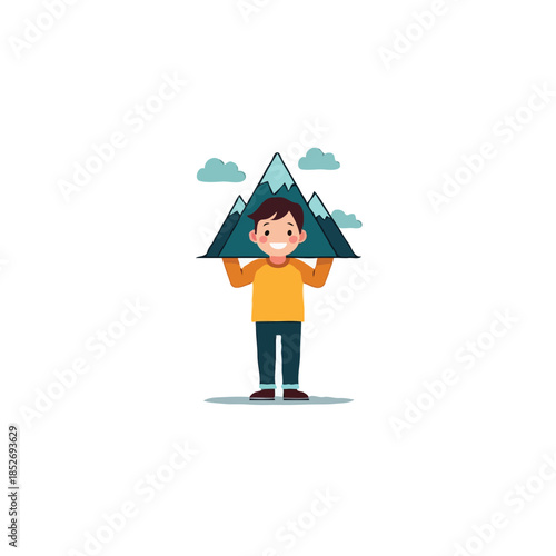 Young explorer showcasing his papercraft mountain peak with pride and enjoying the adventures of