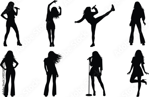 Female singer and dancer silhouettes performing energetic poses with microphone vector illustration isolated on white background for music concert design