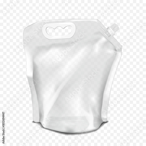 Clear plastic spouted big stand-up pouch with die cut reinforced carrying handle. Realistic 3d vector mockup. Transparent nozzle bag with screw cap. Mock-up. Liquid product large package. Template