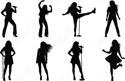Female singer silhouettes performing with microphone and dynamic poses vector illustration isolated on white background for music concert design