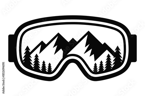 Ski Goggles with Mountain and Trees, Winter Adventure Illustration, Snow Sports Equipment, Alpine Landscape Reflection, Outdoor Activities, Extreme Sports Icon, Ski Resort Travel and Exploration.