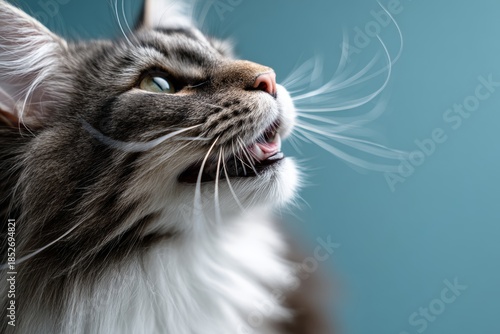 Portrait of a smiling norwegian forest cat on soft blue background.