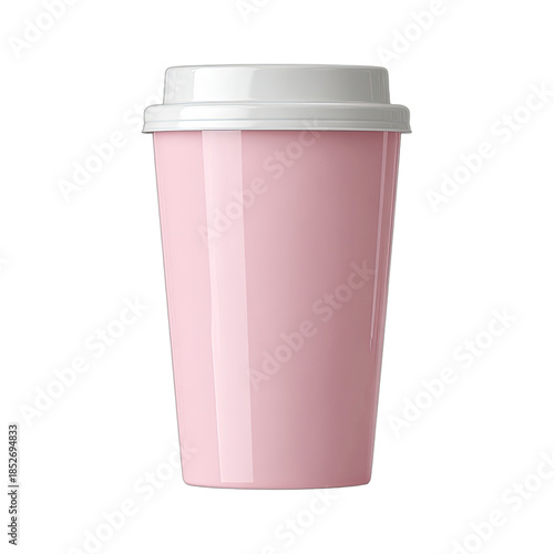 A simple pink disposable cup with a white lid, isolated on a black background