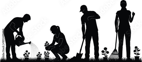 Garden work people silhouettes vector illustration showing watering planting digging and raking activities isolated on white background for landscaping design