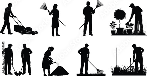 Gardening worker silhouettes set showing mowing raking planting and yard maintenance activities isolated on white background for landscaping design