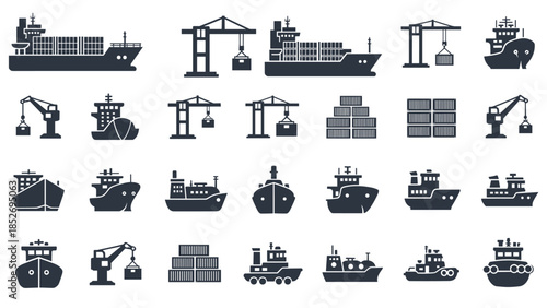 A collection of black icons for maritime shipping and logistics, including container ships, cargo cranes, and various tugboats.