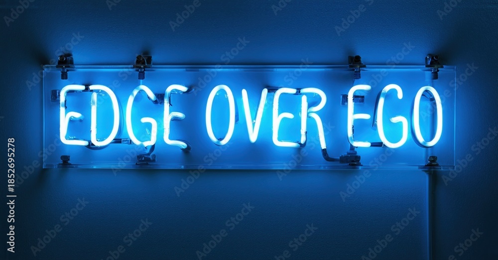 Fototapeta premium Bright blue neon sign displays text EDGE OVER EGO against dark wall. Minimalist design, modern aesthetic, simple presentation.