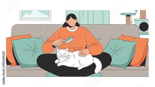 A woman sitting cross-legged on a sofa while gently brushing her happy white cat, who is purring contentedly. This illustration shows a moment of care and affection between a pet and its owner.