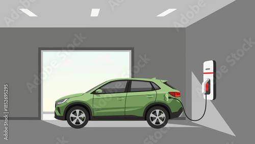 Green Electric Car Charging In Modern Garage