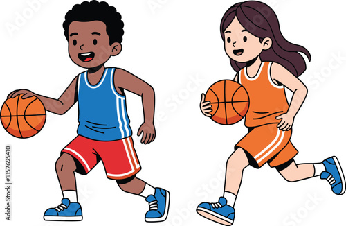 Happy kids playing basketball cartoon illustration of boy and girl dribbling ball isolated on white background for sports education