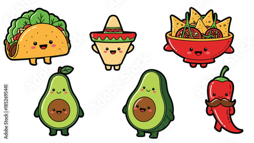 Cute collection of kawaii Mexican food characters, featuring a happy taco, nachos in a bowl, avocados, a chili pepper, and a little character in a sombrero.
