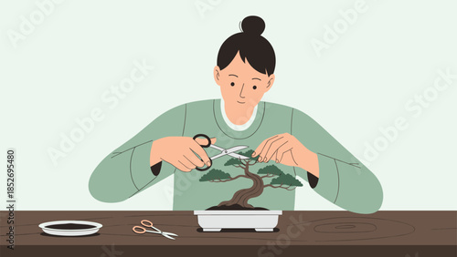 A young woman carefully trimming a bonsai tree with small scissors, focused on her calming and meditative hobby. This illustration showcases the art of bonsai cultivation and mindful practice.