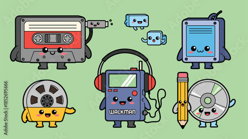 Adorable set of kawaii 80s and 90s technology characters, including a cassette tape, a Walkman, a film roll, a CD, and a helpful pencil.
