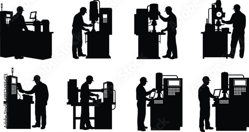 Industrial worker silhouettes operating CNC machines and factory equipment in manufacturing processes isolated on white background for production and engineering design