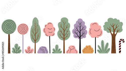 A whimsical candy land forest set featuring lollipop trees, cotton candy bushes, and candy cane decorations. This sweet collection is perfect for creating fantasy landscapes for children.