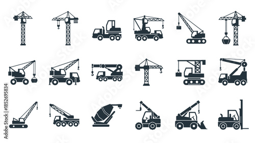 A diverse set of black icons for various types of construction cranes, including tower cranes, mobile cranes, and forklifts.