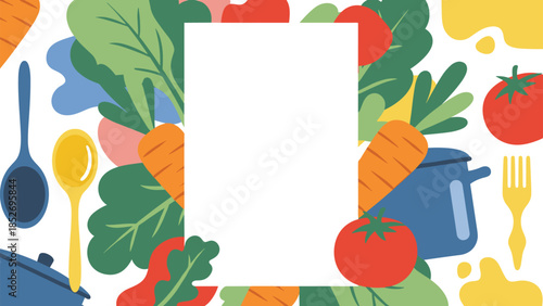 A healthy cooking background with a blank vertical frame for a recipe, surrounded by fresh vegetables and kitchen utensils. This vibrant design is perfect for food blogs or restaurant menus.
