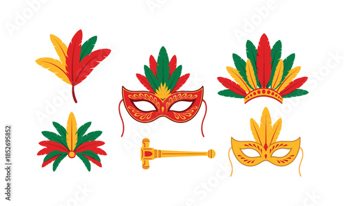 Carnival party venetian festival masks with feathers set bundle design
